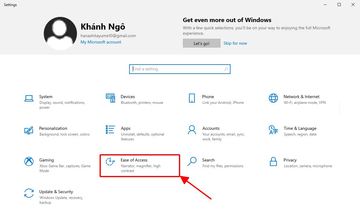 tìm và chọn mục Ease of Access