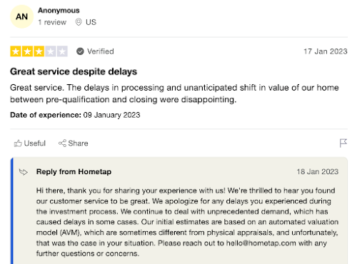 Hometap review discussing how the service is great, but processing delays are frustrating. 
