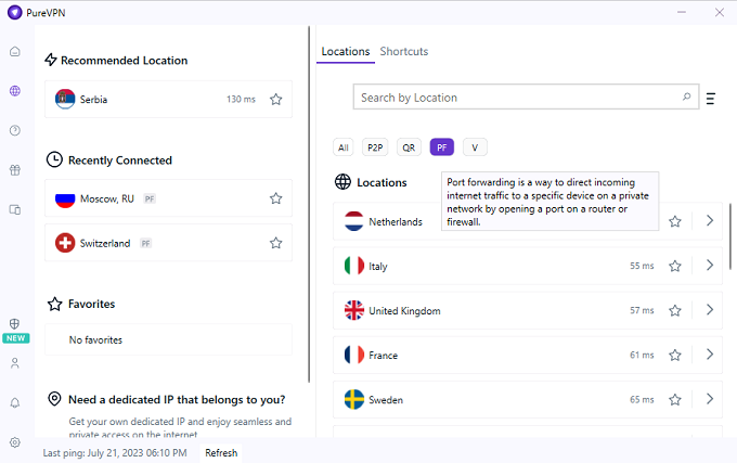 PureVPN Port forwarding settings