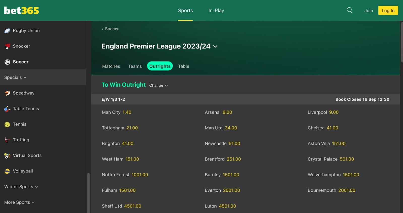 Premier League winner outrights at bet365