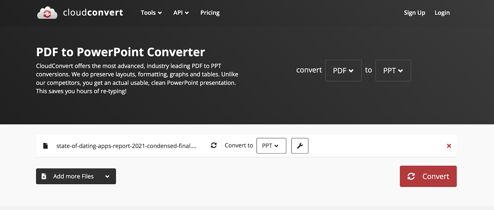 the conversion page of Cloudconvert 