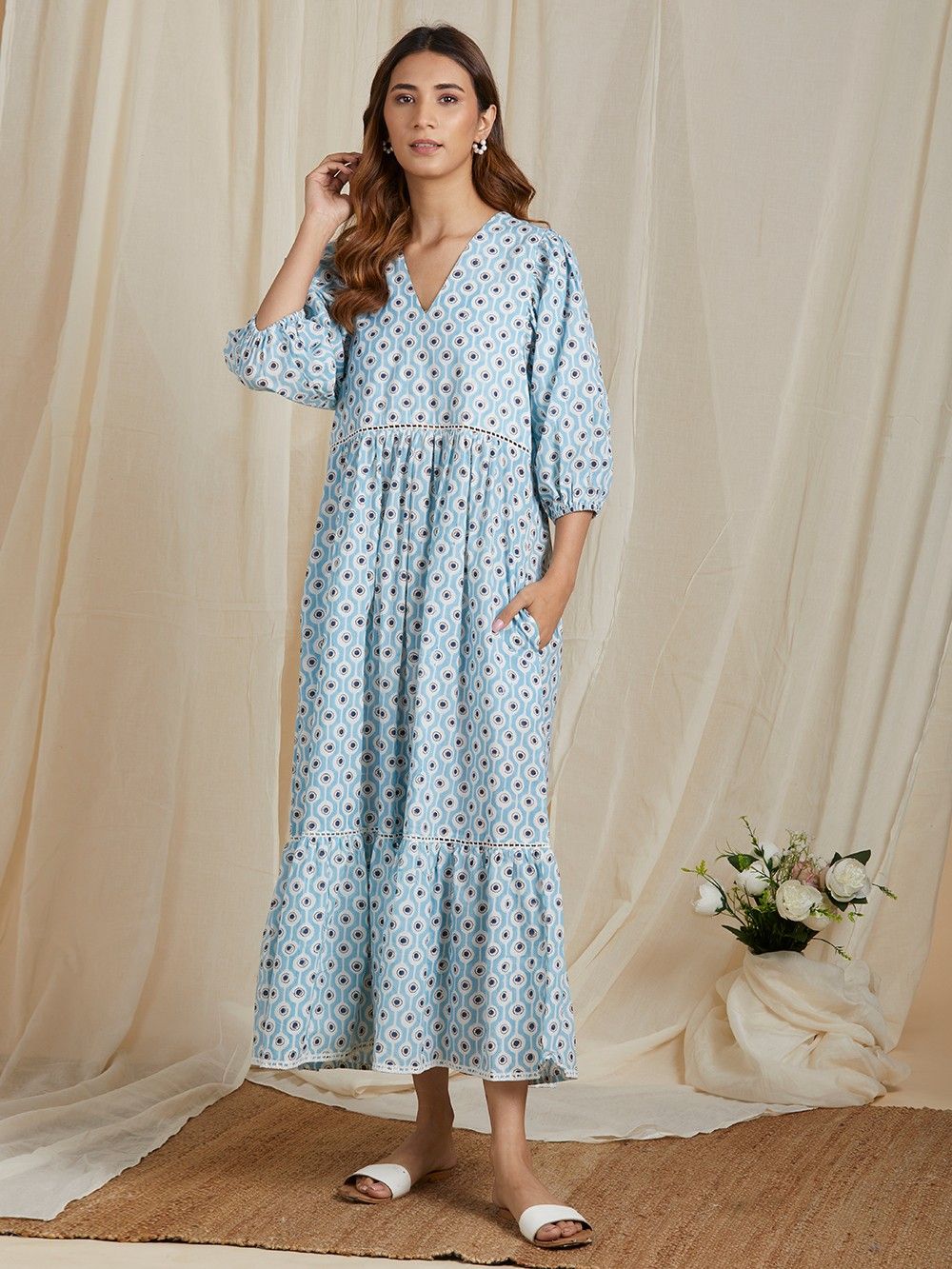 the loom - Blue Hand Block Printed Cotton Maxi Dress