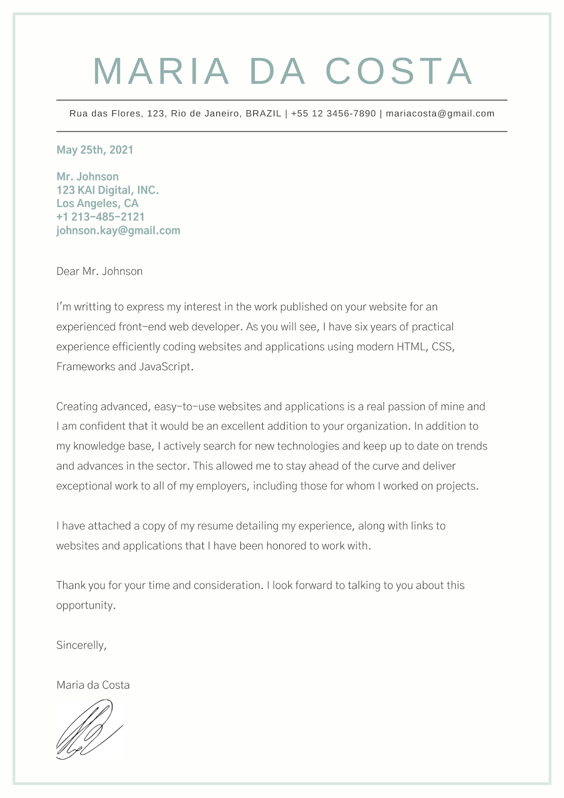 A imagem mostra uma carta de apresentação em inglês de uma personagem chamada Maria da Costa, que busca se candidatar para o cargo de Desenvolvedora Front-End na empresa KAI Digital, INC.