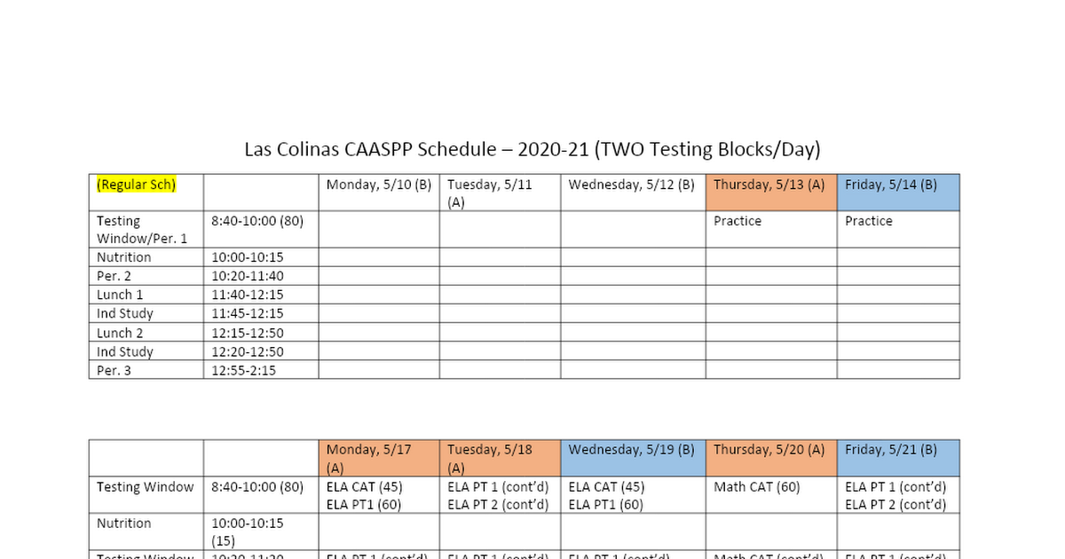 CAASPP Schedule - LCS -TWO Testing Blocks (no science) To Families.docx