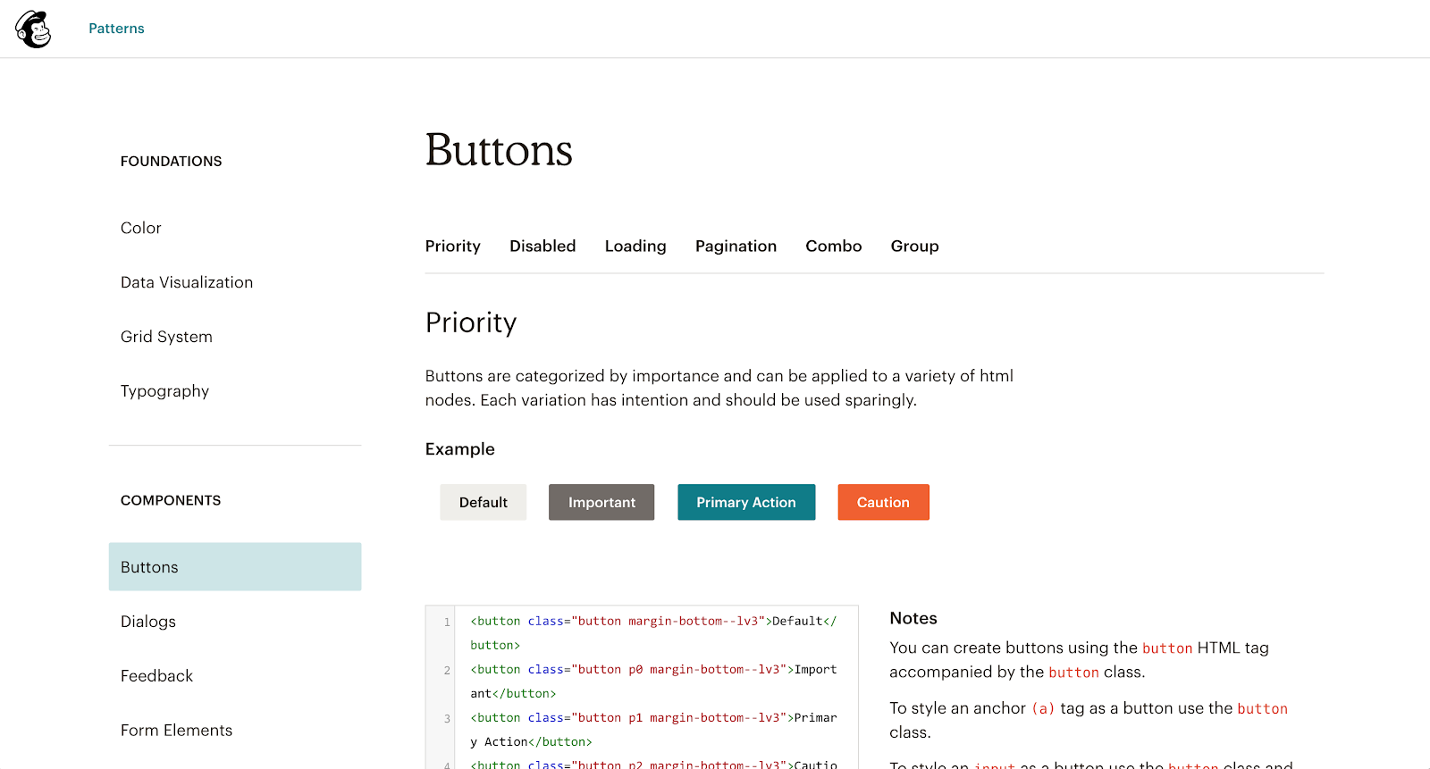Mailchimp’s design system’s publically available website covering design patterns, including code snippets.