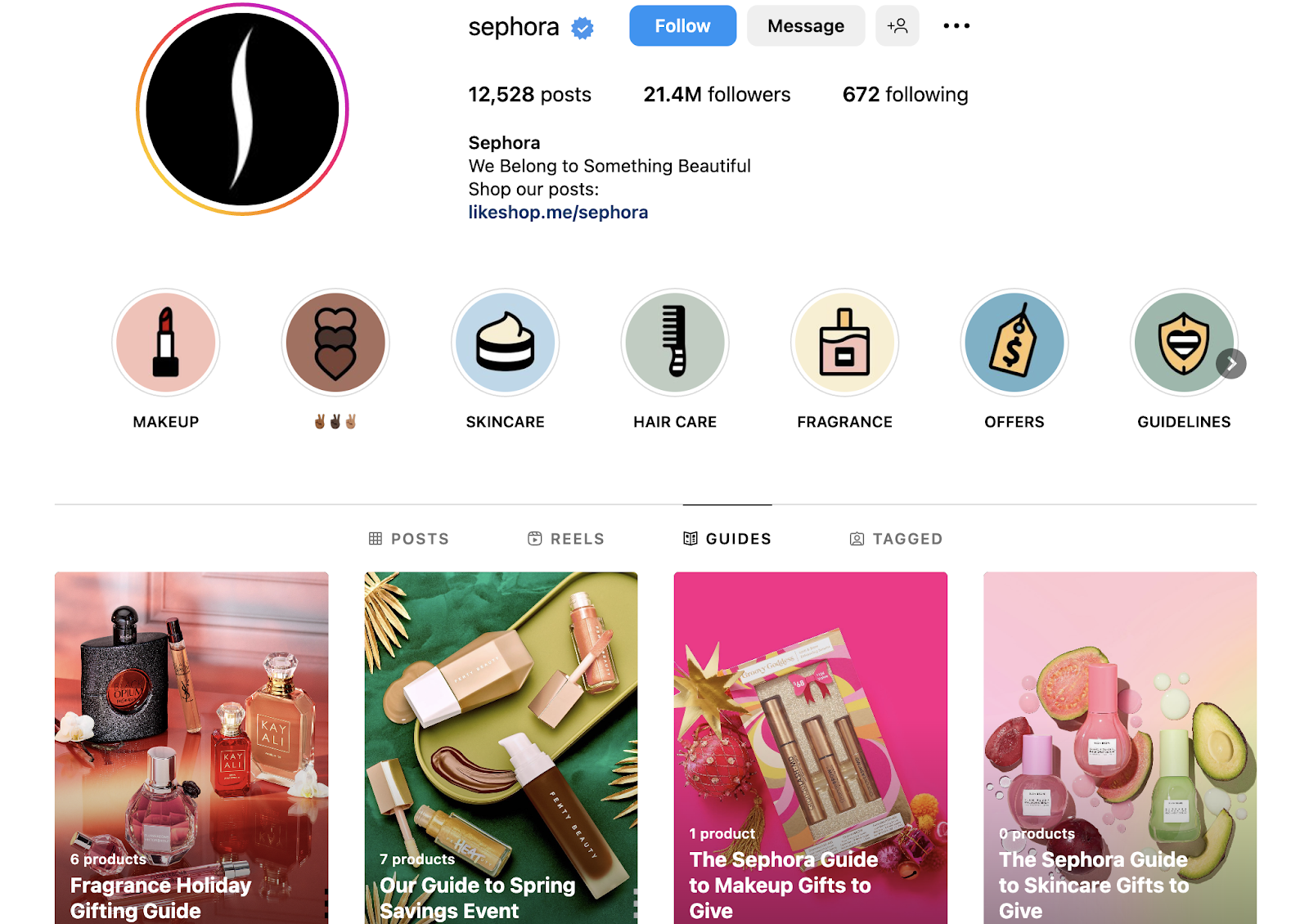 Sephora Instagram page showing strong social media presence