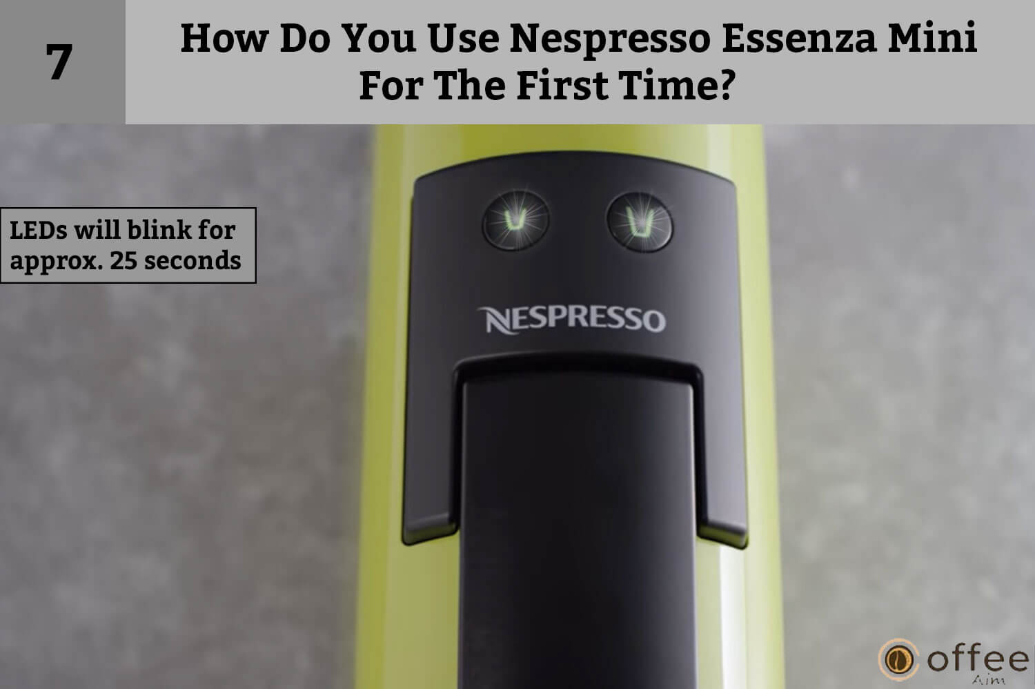 Seventh instruction of How Do You Use Nespresso Essenza Mini For The First Time? is LEDs will blink for approx 25 seconds.