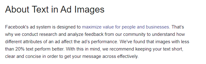 Texto do Facebook em imagens de anúncios