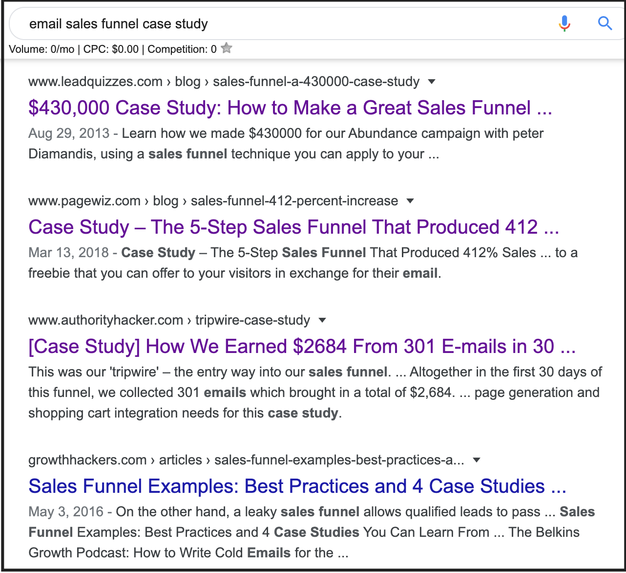 Image showing the organic search results from Google for the term email sales funnel case study.