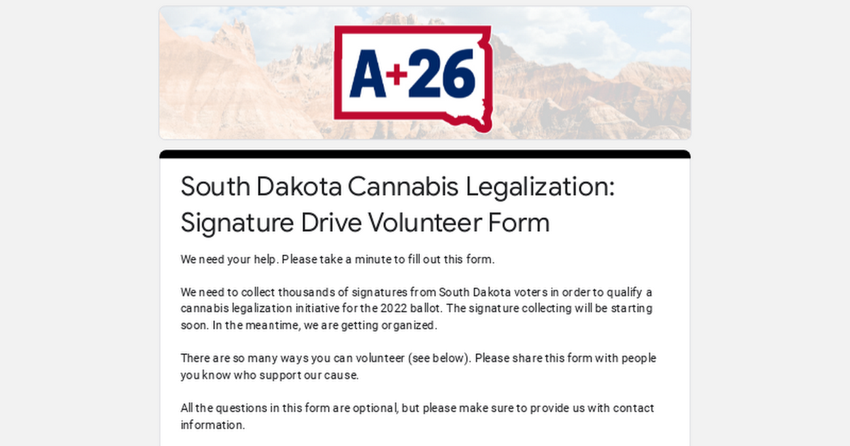 South Dakota Cannabis Legalization: Signature Drive Volunteer Form
