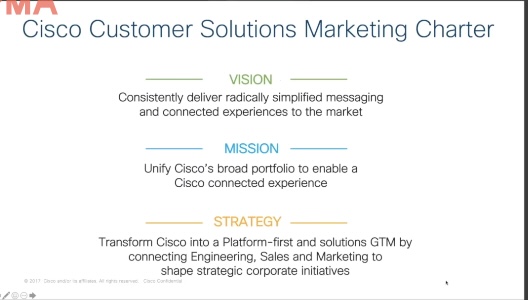 Title that says Cisco Customer Solutions Marketing Charter, then the first header says "vision" and underneath it says consistently deliver radically simplified messaging and connected experiences to the market, the second header says "mission" and says unify cisco's broad portfolio to enable a cisco connected experience, the last says "strategy" and underneath says transform Cisco into a platform-first and solutions GTM by connecting Engineering, Sales and Marketing to shape strategic corporate initiatives.