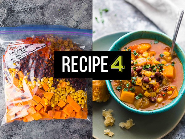 collage image of freezer bag filled with ingredients and blue bowl with completed soup