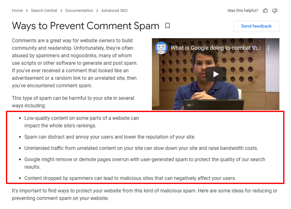 Google's documentation explaining how to prevent common spam on your website