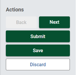 Screenshot of the actions section. Buttons are back, next, submit, save, and discard. 