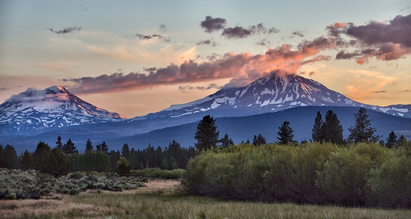 Sunset on the Three Sisters from Indian Ford Meadow. Photo: Jay Mather.