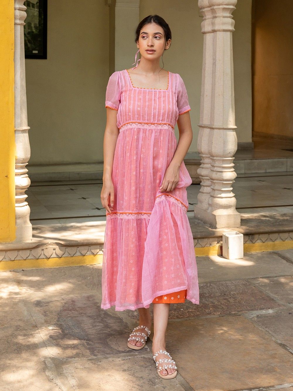 the loom - Pink Lace Cotton Kota Doria Dress
