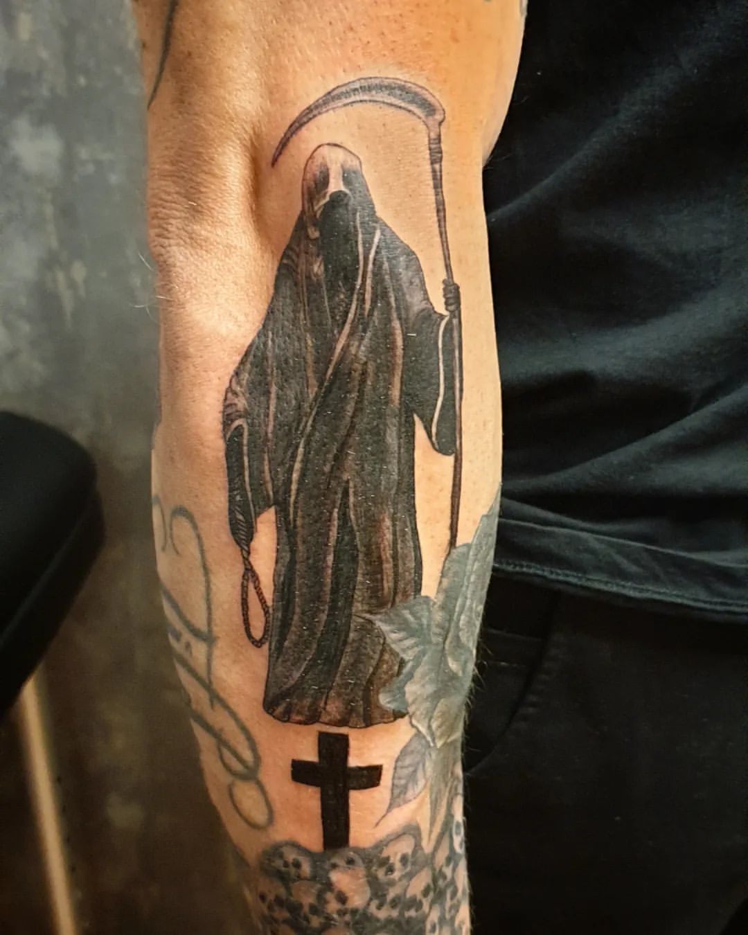 Black & Grey Devil and Cross Tattoo