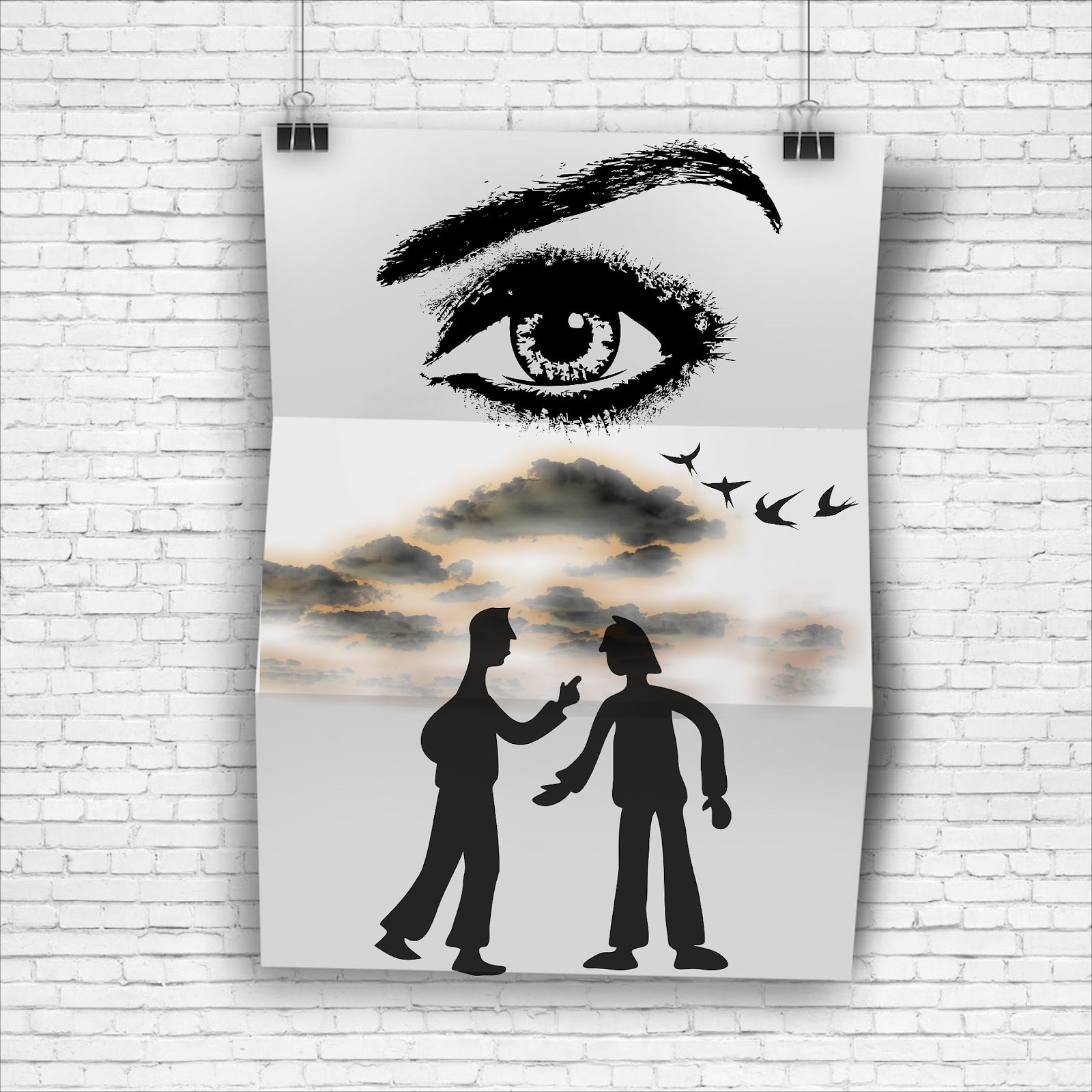 A large eye with arched eyebrow drawn up above a scene of two people gesticulating, presumably arguing.