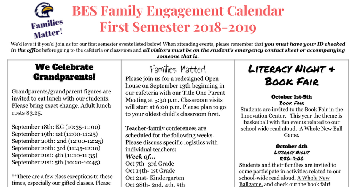 BES Parent Involvement Calendar 2018-2019