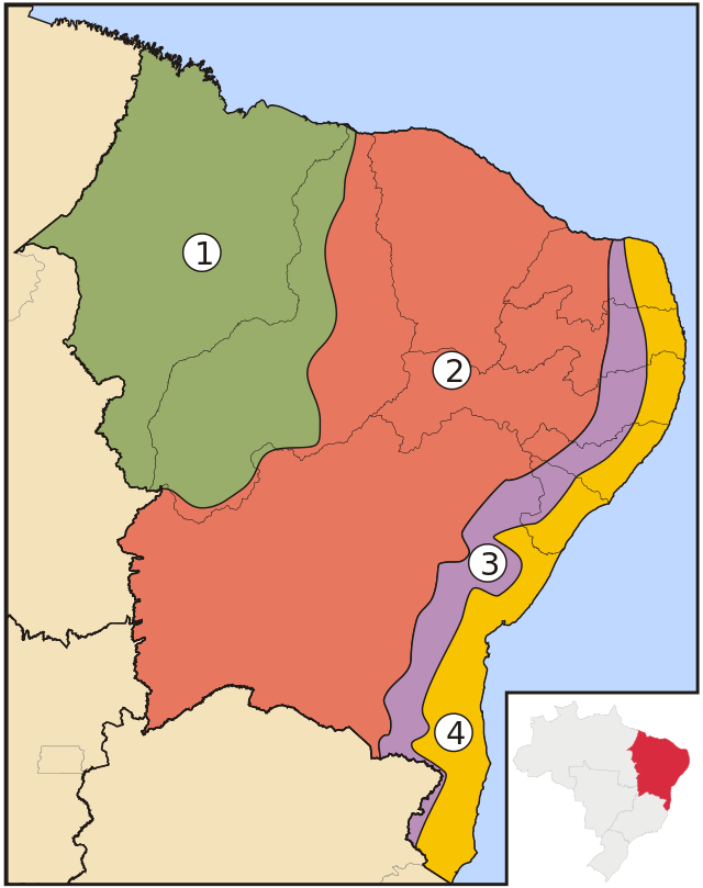 Mapa da Zona da Mata, onde se desenvolveu a maior parte do Ciclo da Cana-de-açúcar