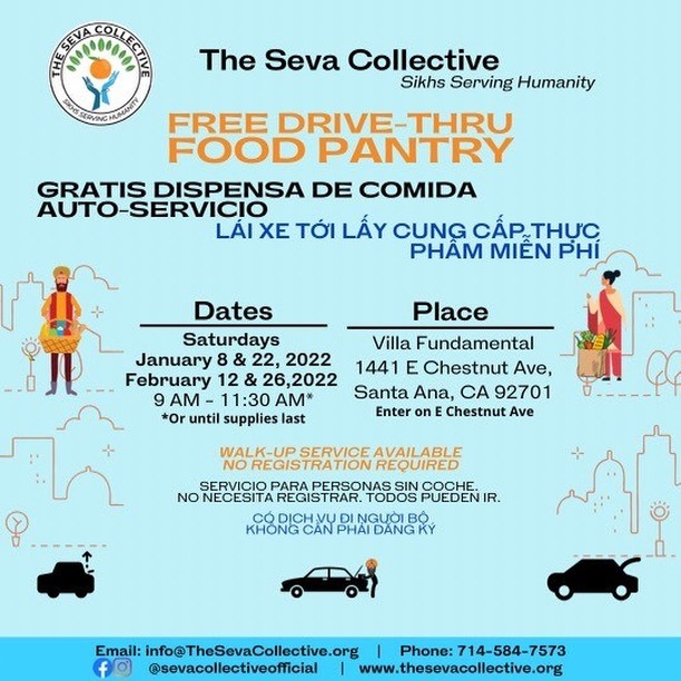 A light blue flyer with a few graphics of people carrying groceries and a few cars with their trunk open. The flyer is filled with texts that state "Free Drive-Thru Food Pantry" in English, Spanish, and Vietnamese. The flyer includes dates for January and February. 