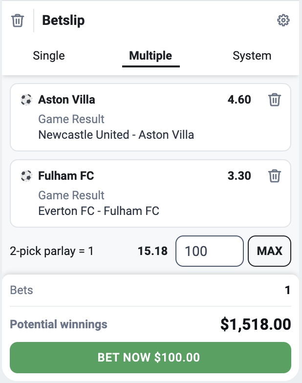 Aston Villa and Fulham parlay bet