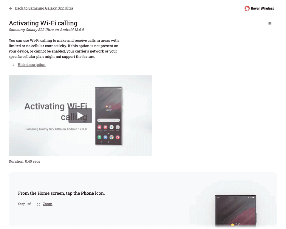 Gif image of Rover Wireless, a fictitious wireless provider's website showcasing a video tutorial feature from Ozmo. Topic is about activating wi-fi calling.