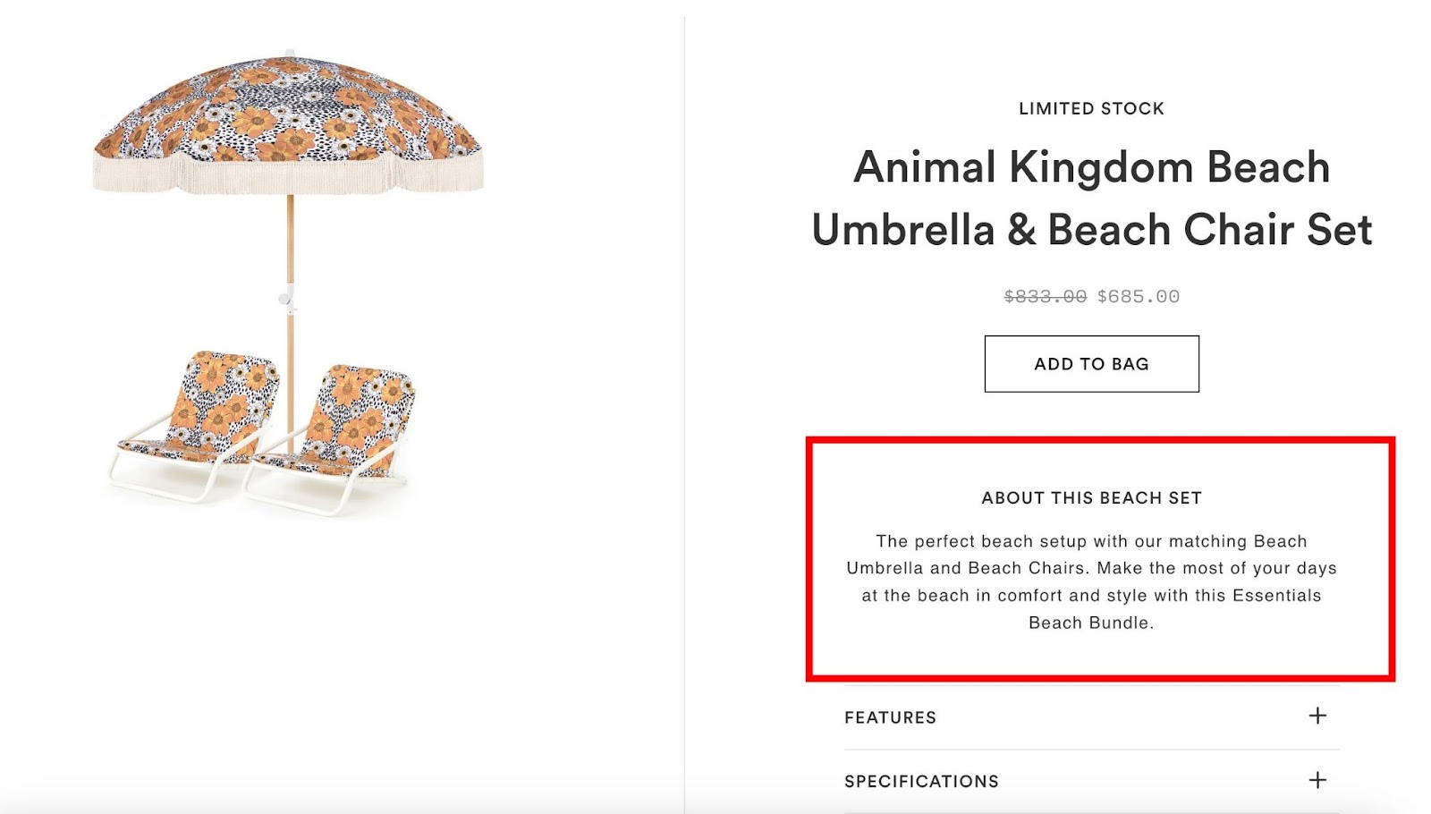 A screenshot of Sunday Supply's animal kingdom beach umbrella and chair set. It shows a picture of two beach chairs and an umbrella. It talks about what makes this set worth buying.