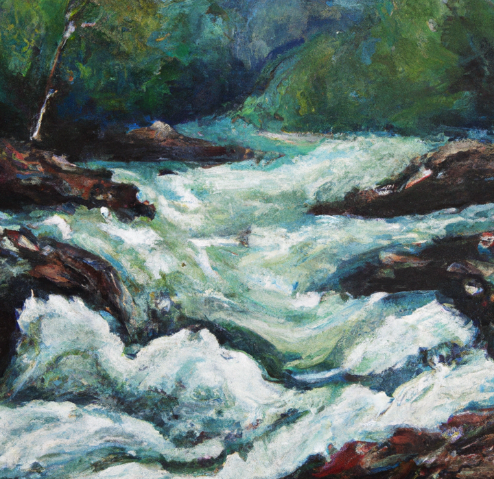 rushing river, white rapids, oil painting.