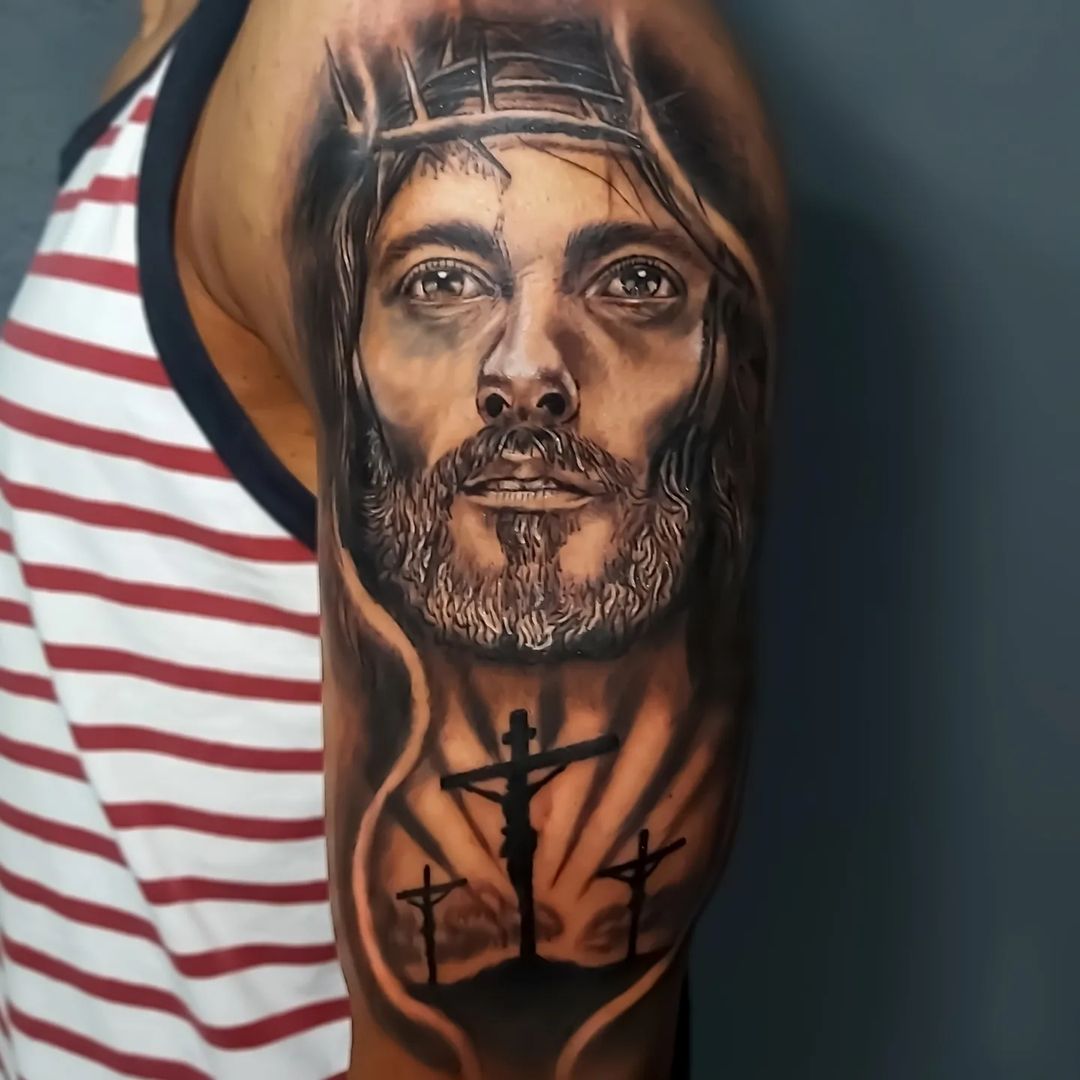 Jesus Portrait Half Sleeve Tattoo