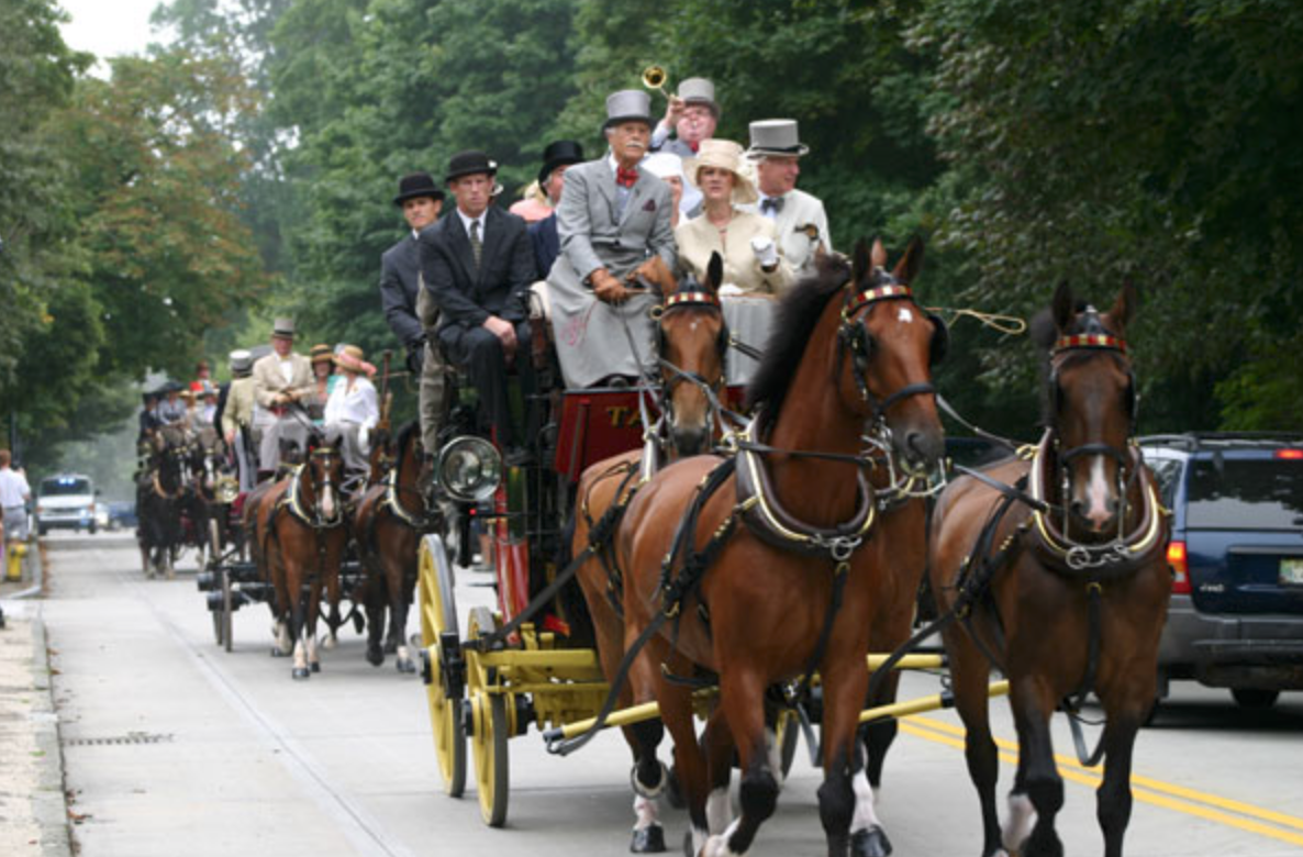 Newport, Rhode Island, as 19th century carriages, led by stately steeds, gallantly gather to herald Coaching Weekend in Newport.  From August 16th  to 19th, The Preservation Society of Newport County hosts members of the Carriage Association of American 