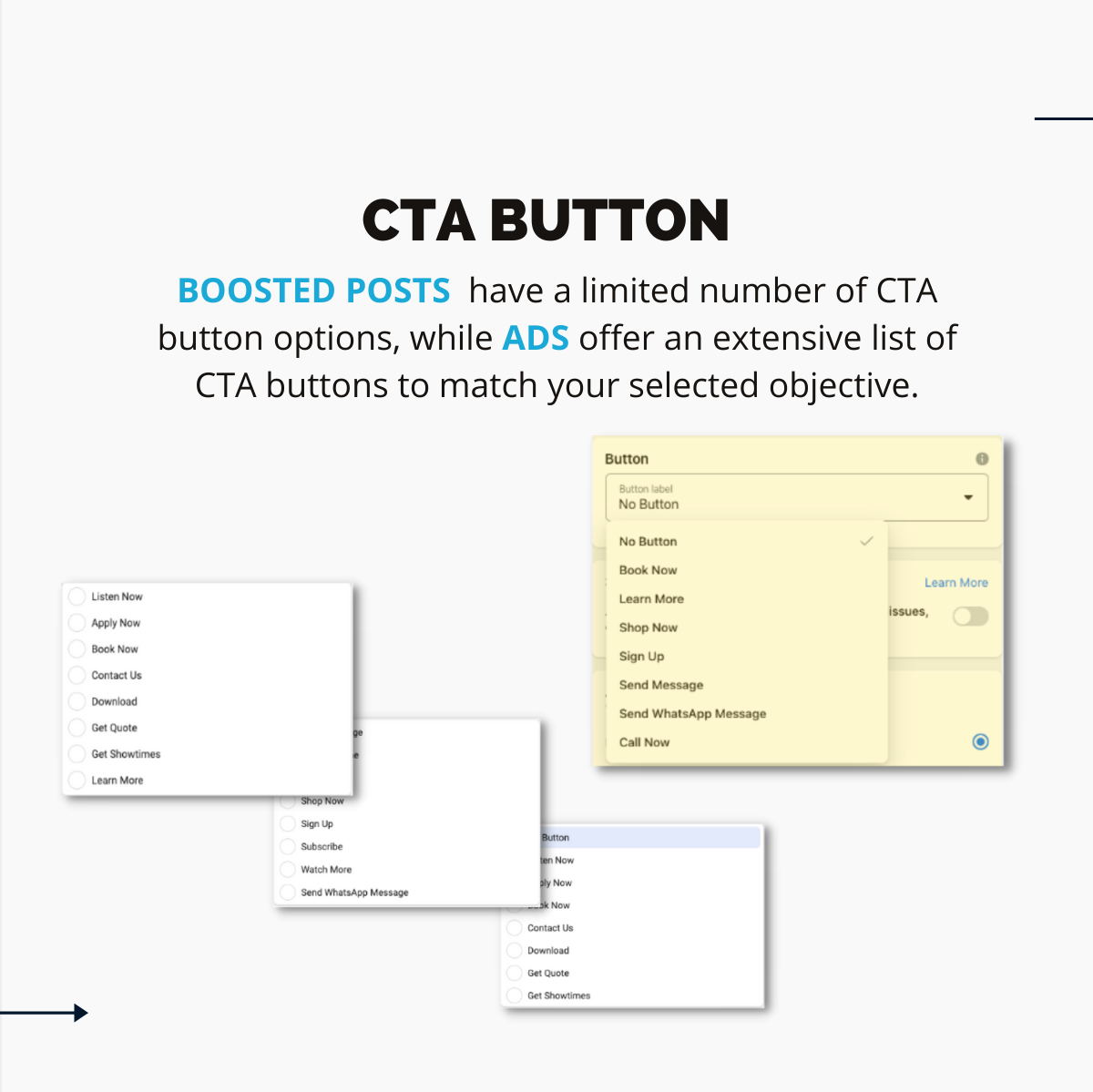 Facebook ads: difference in CTA for boosted posts and ads description graphic