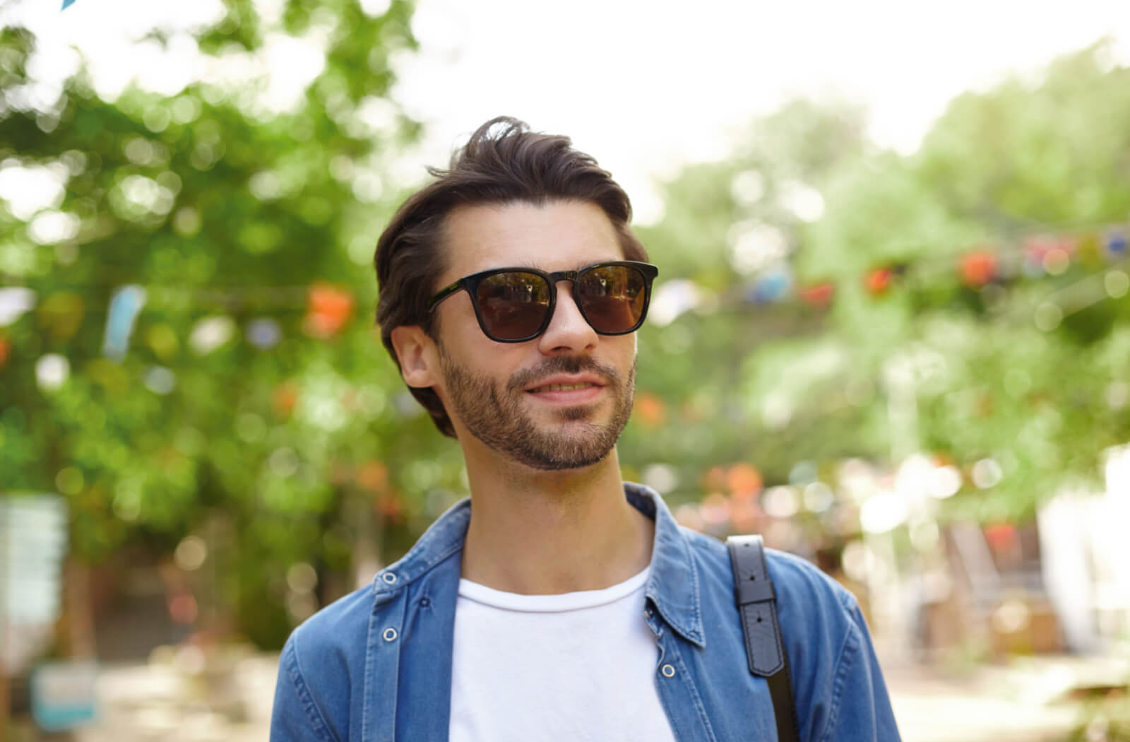 A young man in a denim jacket wearing sunglasses outdoors to protect his eyes.