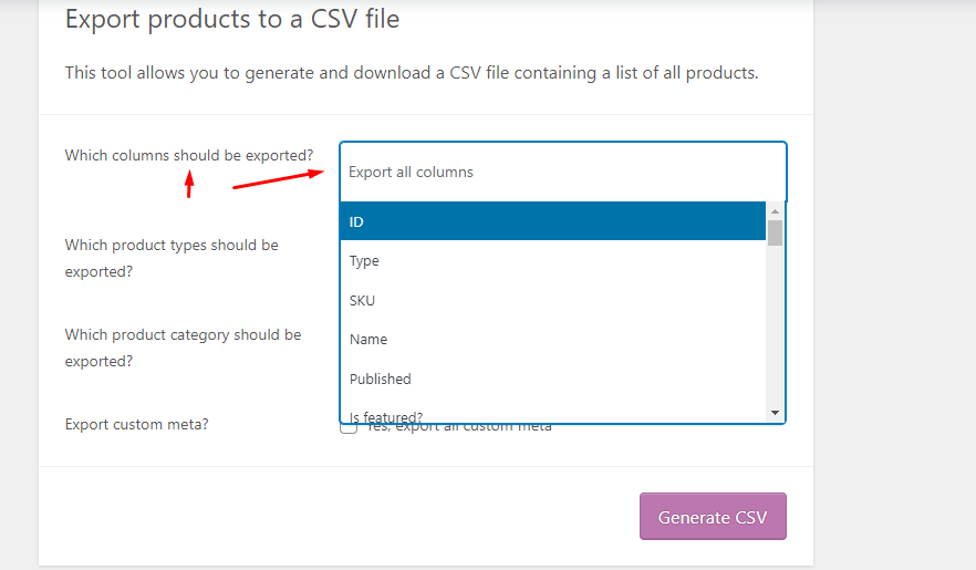 Column filter settings for export WooCommerce products to Excel