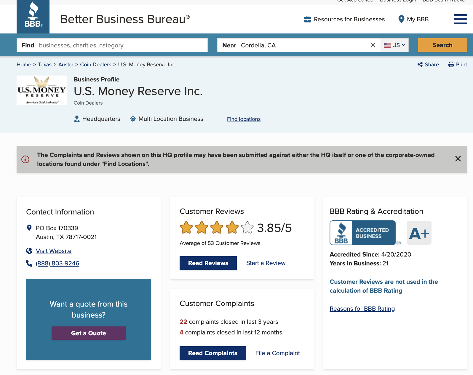 US Money Reserve Complaints on BBB