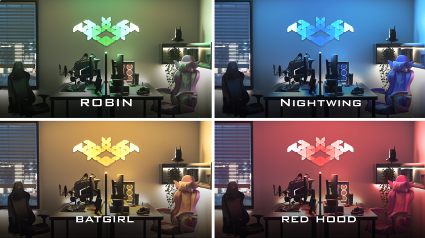 Robin, Nightwing, Batgirl, Redhood color Scenes on the Nanoleaf Gotham Knights Bundle layout
