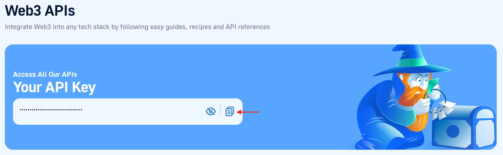 arrow pointing at the copy button for the api key