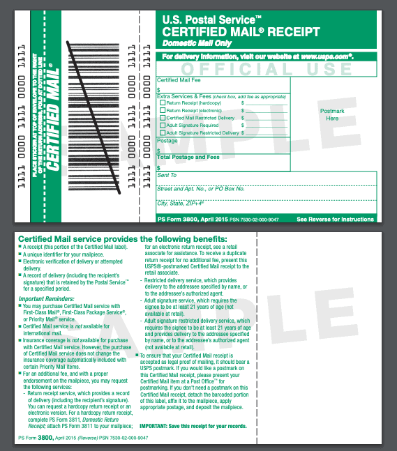 USPS certified mail form 3800