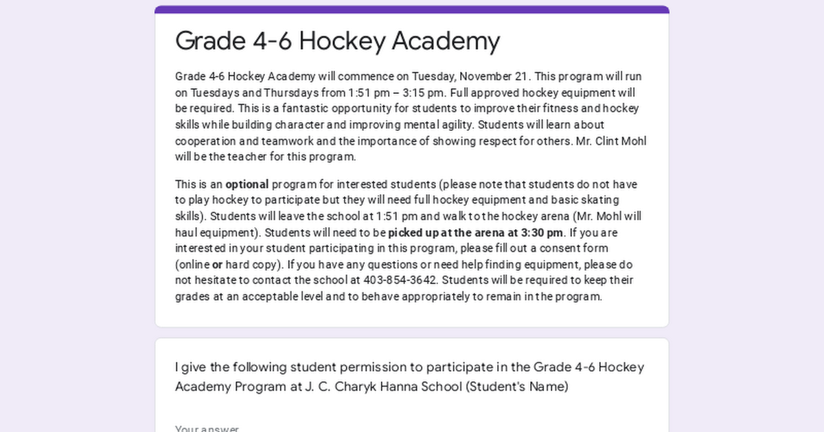Grade 4-6 Hockey Academy