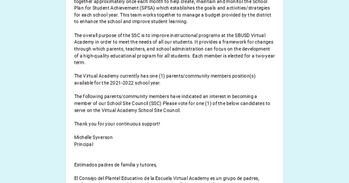 SBUSD Virtual Academy School Site Council