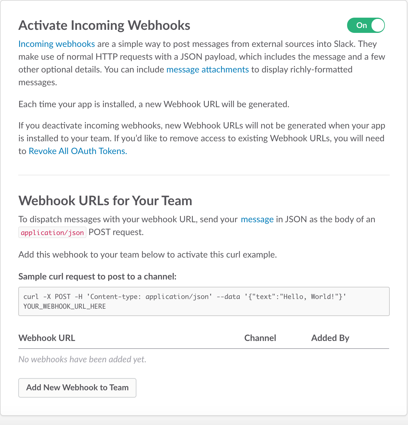 Activate Incoming Webhooks Page