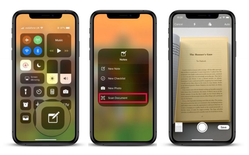 steps to scan a document using notes app from iPhone control center