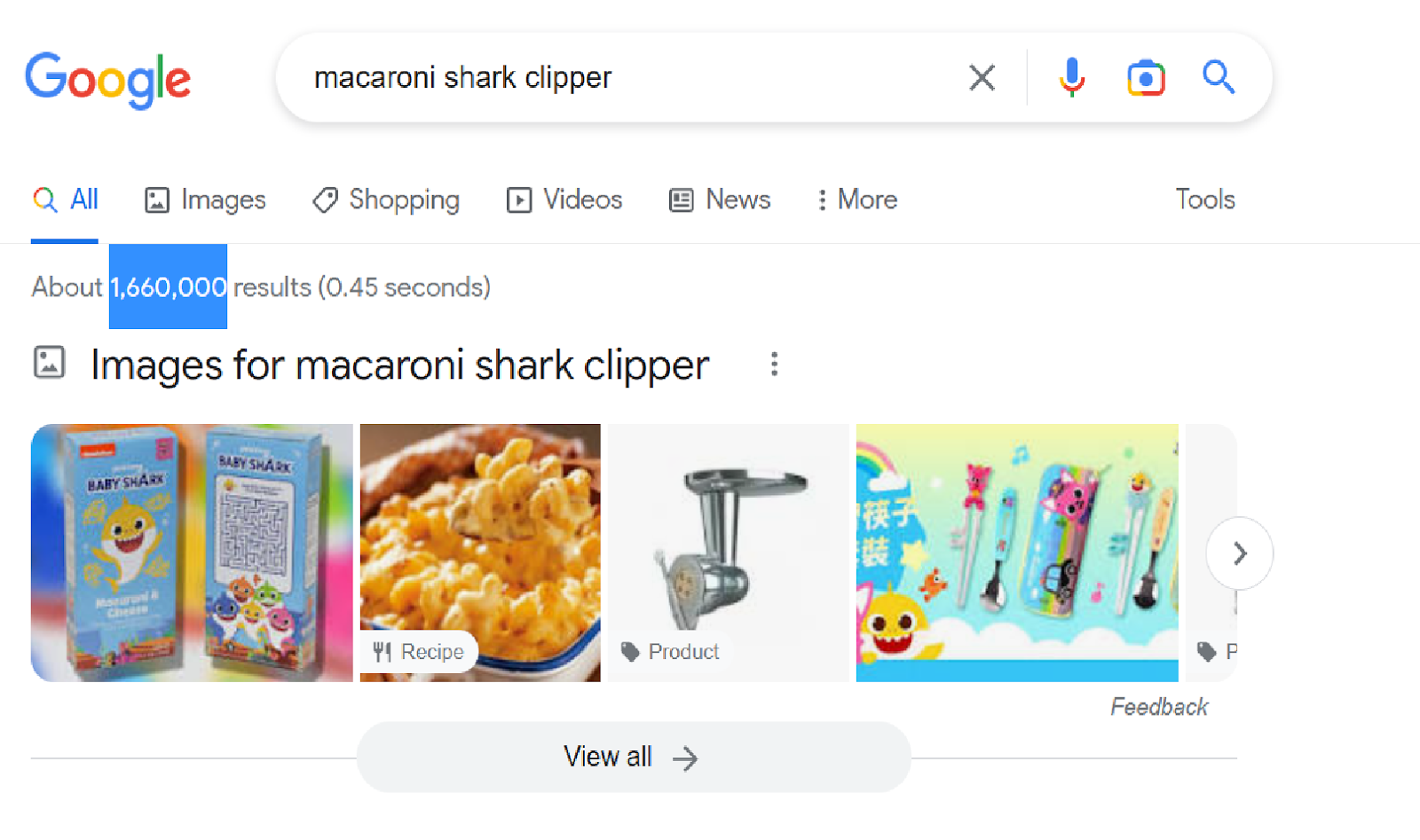 A screenshot of a random search for 'macaroni shark clipper' which generates 1,660,000 results.