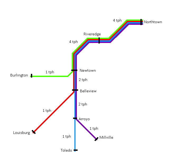 A modified version of the map above, showing only services that go to Northtown. Each line is now half-width all the way through.
