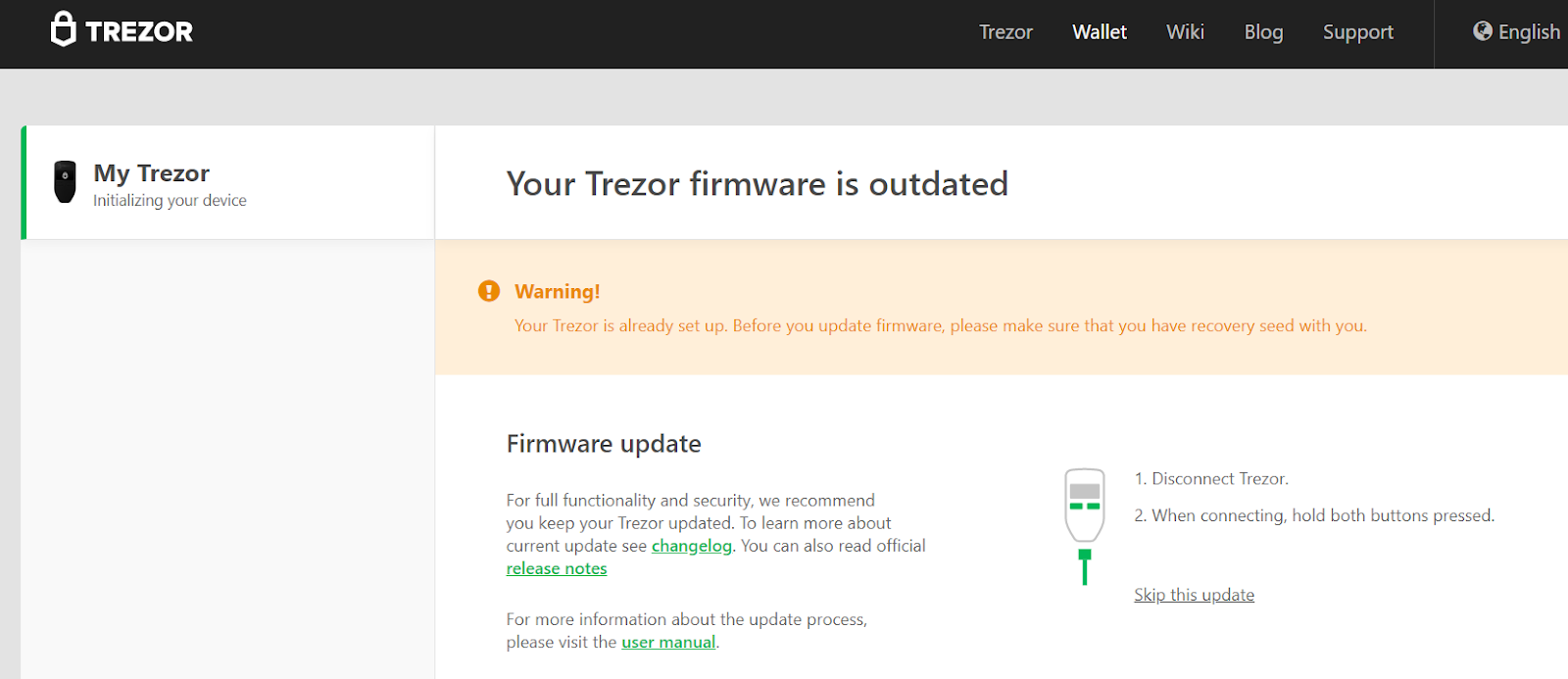 Screenshot of Trezor's website to download the firmware. 