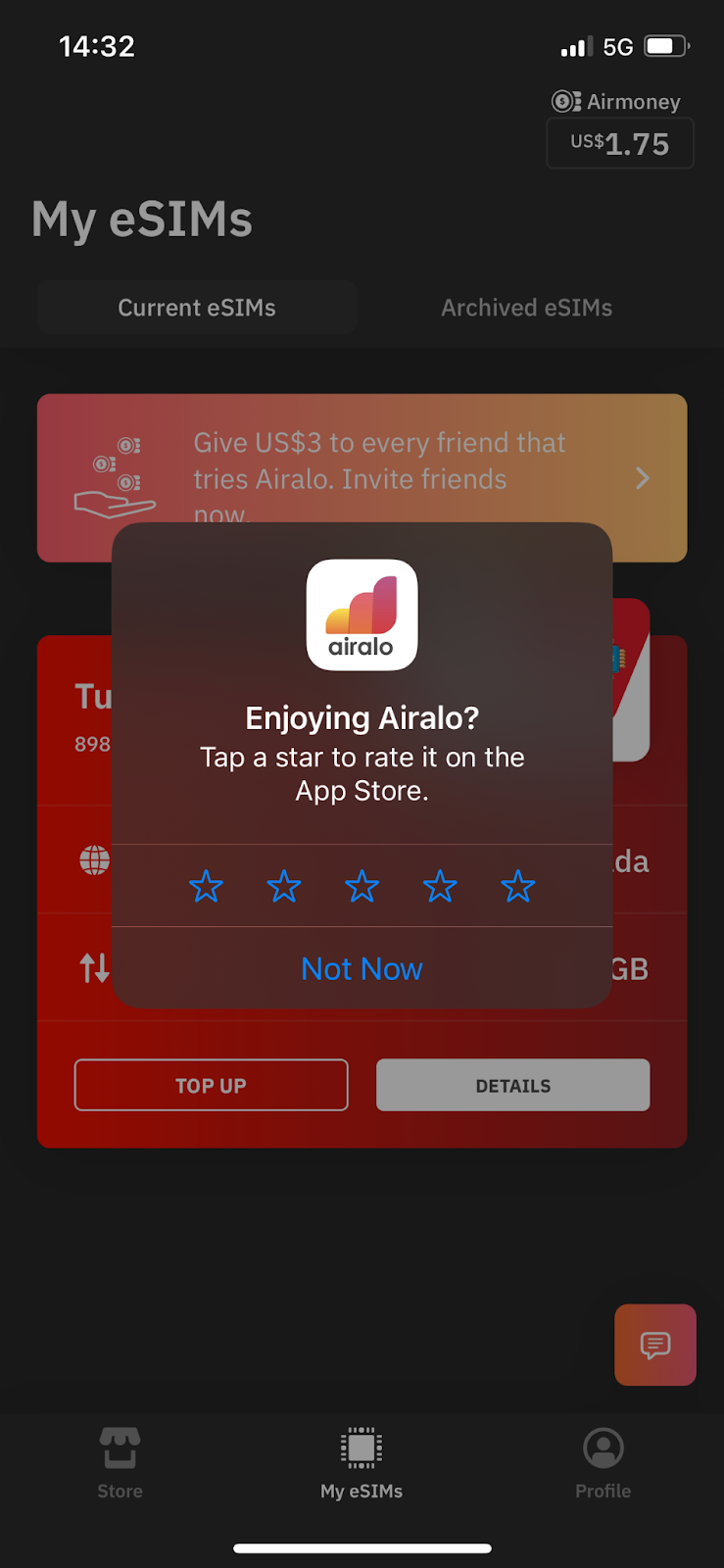 Screenshot of survey for Airalo app
