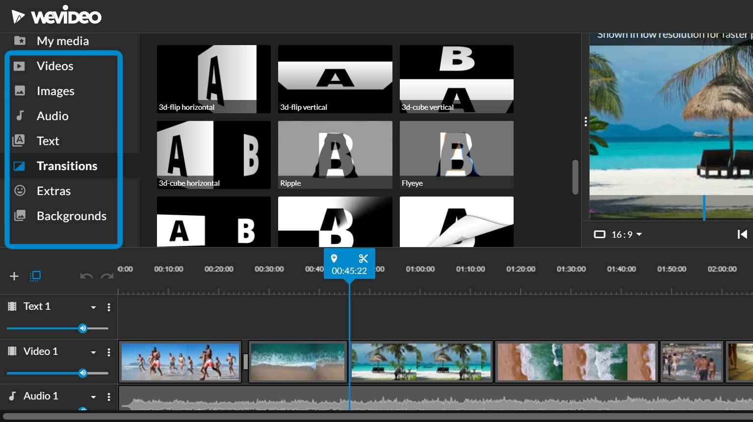 WeVideo web editor with blue rectangular outline highlighting tabs menu on left for customizing project. Tabs include: Videos, Images, Audio, Text, Transitions, Extras, and Backgrounds.