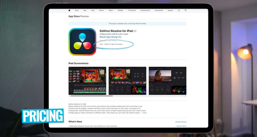 DaVinci Resolve for iPad is free to purchase in Apple App Store