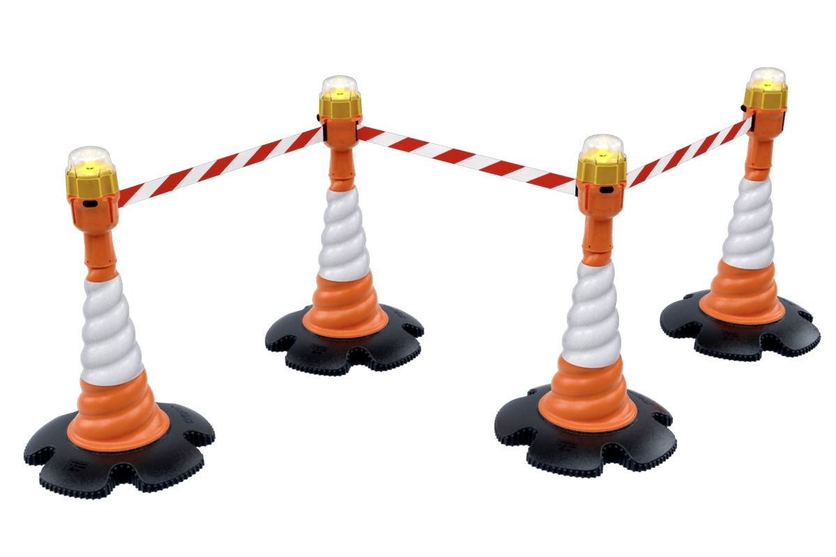 Traffic Cone Guide; a Retractable 27m Road Cone Topper and Re-charging Safety Light Kit that’s fully set up as a temporary barrier.