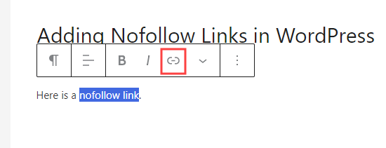Realçar o texto e clicar no ícone do link no editor de blocos
